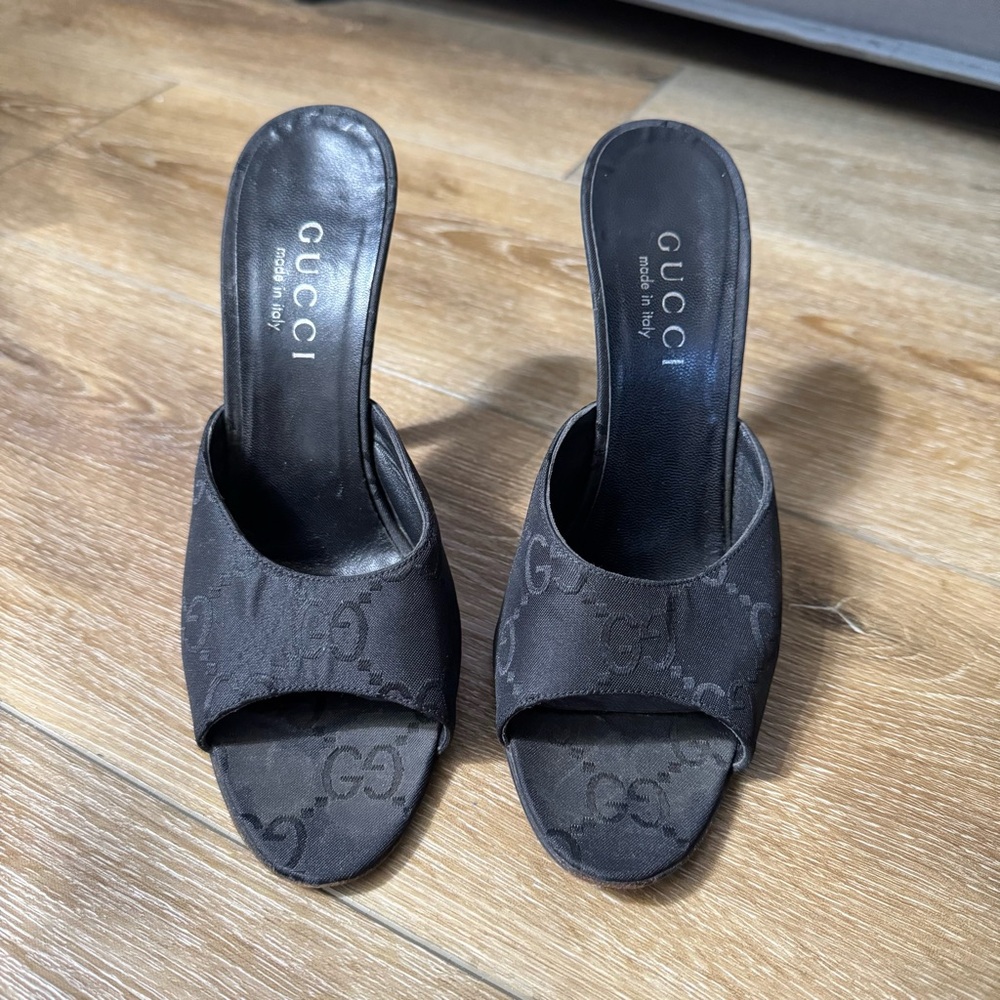 Vintage Gucci Tom Ford S/S 1998 Black Canvas Monogram Mules
